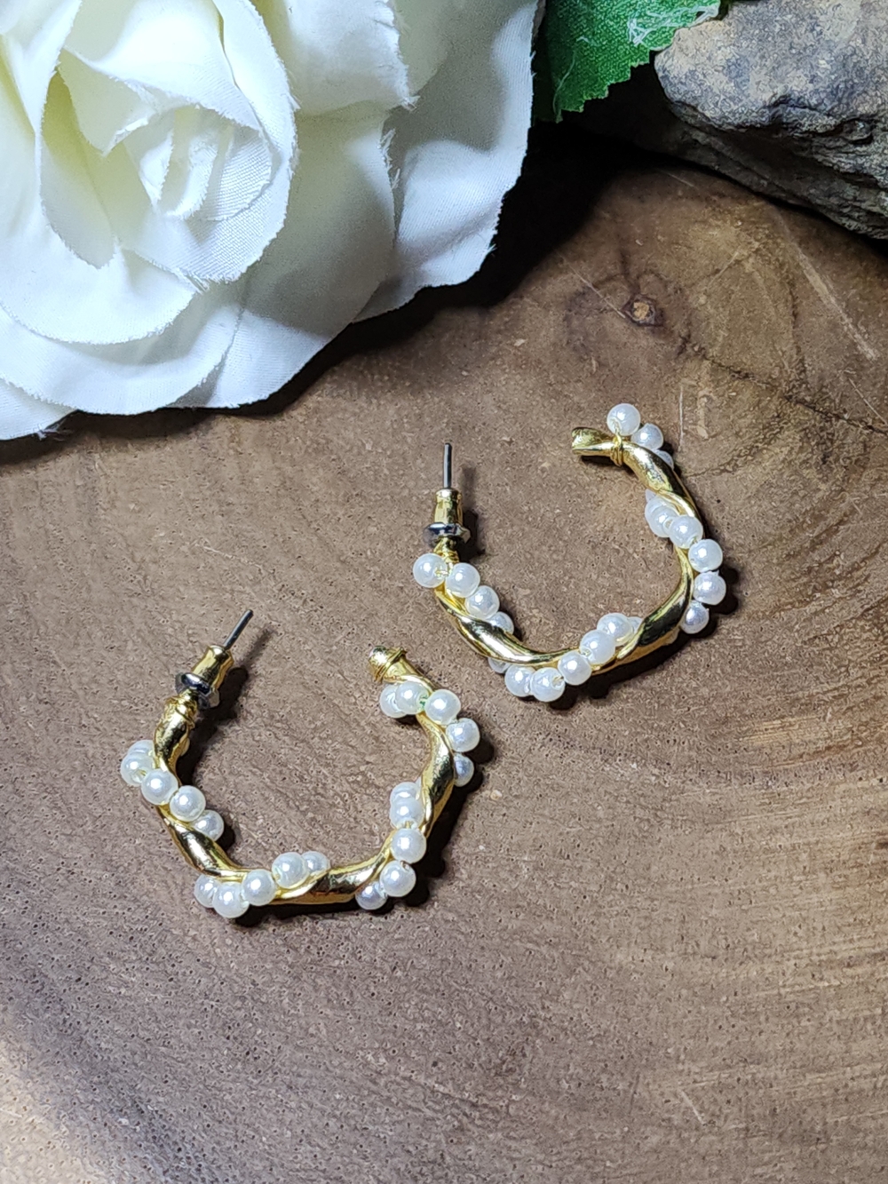 Gold Toned Hoop Earrings with Faux White Pearls - Women Jewelry